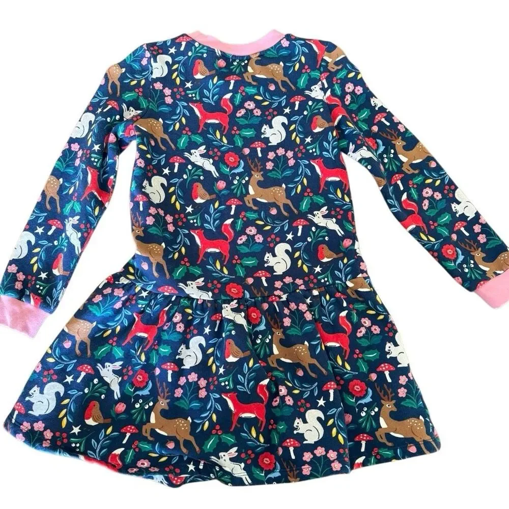 Mini Boden | Woodland Animal Dress Navy Fox Deer Print Long Sleeve | Girls 9-10Y
